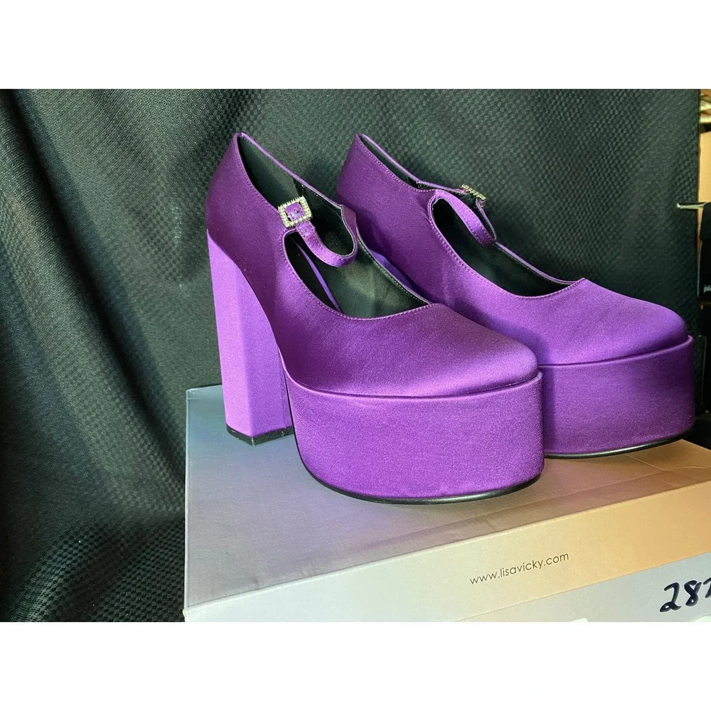 Lisa Vicky Purple Satin Platform Mary Jane Heels Rhinestone Buckle Size 10